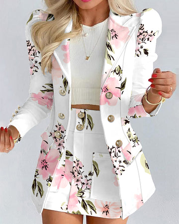 Floral Print Puff Sleeve Double Breasted Blazer Coat & Skirt Set